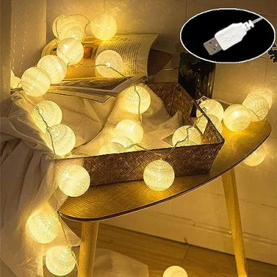 Afbeelding van ELINKUME Led lichtketting van katoen met USB, 4 m, 20 leds, warmwit, voor balkon, raam, feest, bruiloft, Kerstmis, interieurdecoratie, sfeerverlichting