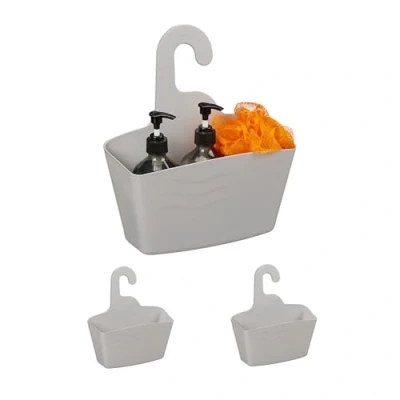 Afbeelding van Relaxdays hangend douchemandje set van 3 hangmand keuken zonder boren shampoo houder grijs