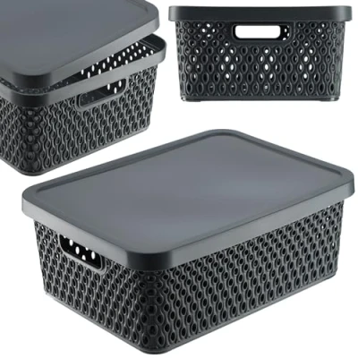 Afbeelding van KADAX Opbergmand, mand met deksel, opbergkist, opbergdoos van plastic, moderne plankmand, container ventilatiegaten (12 l, grijs)