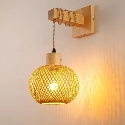 Afbeelding van Schindora Wandlamp voor binnen, retro, lantaarn, henneptouw, rotan en metaal, E27, binnenverlichting, nachtkastje, woonkamer, slaapkamer (zonder lamp)