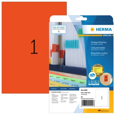 Afbeelding van Etiket HERMA 4422 210x297mm A4 verwijderbaar rood 20stuks