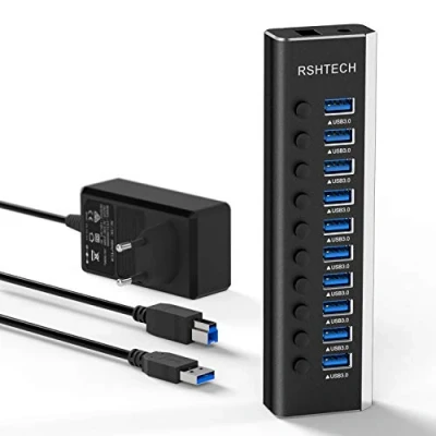 Afbeelding van RSHTECH USB 3.0 Hub met 36W (12V/3A) Voeding, Aluminium 10 Poorts voor Opladen en 5Gbps Gegevensoverdracht, Multi Port Splitter LEDs, Aparte Schakelaar Voeding (RSH A10)