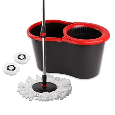 Afbeelding van DIVCHI Spin Mop en emmer van microvezel, spindweil voor het reinigen vloeren, set 1 x dweil, + 2 vervangende dweilkoppen, rood/grijs