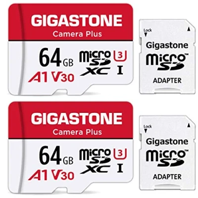 Afbeelding van Gigastone 2 stuks 64 GB micro SD kaarten met adapters + mini hoesjes, Camera Plus, 4K video opname, 95 MB/s, hoge snelheid, compatibel Nintendo Switch, MicroSDXC UHS I A1 V30 U3