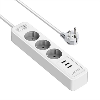 Afbeelding van JSVER Stekkerdoos 3 stopcontacten USB oplaadpoorten Verlengkabel, Stekkerdozen Overspanningsbeveiliging met poorten Geschakelde 2m netsnoer Universeel voor thuiskantoor (Wit)