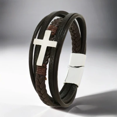 Afbeelding van Heren Armband Leer Bruin met Stalen Kruis 23cm Armbanden Cadeau voor Man Mannen Cadeautjes