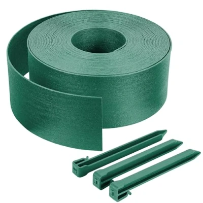 Afbeelding van VOUNOT® Tuinrand van PE, 20 m, met 12 haringen, flexibele gazonrand, natuurlijke look, hoogte 13 cm, dikte 4 mm, groen