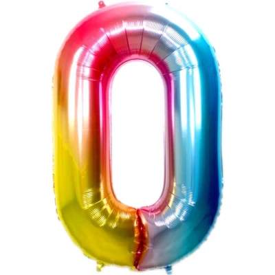 Afbeelding van Folie Ballon Cijfer 0 Jaar Regenboog 36Cm Verjaardag Folieballon Met Rietje