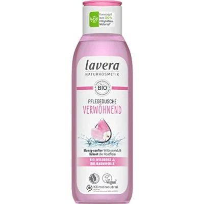 Afbeelding van lavera Verwennende verzorgende douchegel biologisch wilde roos en katoen natuurlijke cosmetica veganistisch pH huidneutraal reinigt bijzonder zacht 1 x 250 ml,doorzichtig