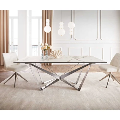 Afbeelding van Eetkamertafel Edge keramiek Calacatta Luxe wit goud grijs 200x100 spider vlak staal RVS