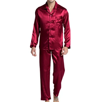 Afbeelding van Satijnen pyjama voor heren, nachtkleding, loungewear, Bordeaux, XXL