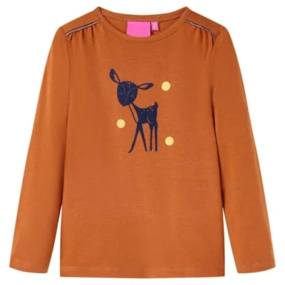 Afbeelding van Kindershirt met lange mouwen hertenprint 116 cognackleurig