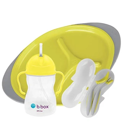 Afbeelding van b.box Voedingsset Siliconen verdeelde plaat Sippy Cup &amp; 2 zachte lepel helpt zelfvoeding Verstelbare Bib gemakkelijk schoon te vegen Lemon Sherbet
