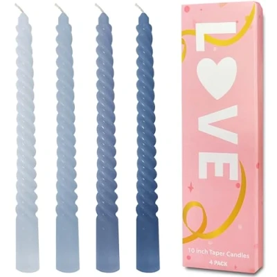 Afbeelding van Topsics Taper Kaarsen Blauw, Spiraal Gedraaide Set van 4, Ongeparfumeerde Kandelaars 10 inch hoog, Home Decor Keuken Bruiloft Decoraties (Blauwe Tinten)
