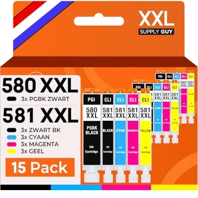 Afbeelding van Supply Guy 580XXL 581XXL Inktcartridges compatibel met Canon PGI 580 CLI 581 voor Pixma TS705 TS705a TS6350 TS6350a TS6351 TS6351a TS6300 TR8550 TS9550 TR7550 Multipack 15 Inktpatronen XXL
