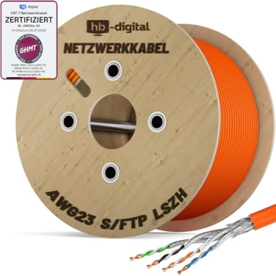 Afbeelding van Hb digital 250 m CAT.7 Netwerkkabel, LAN kabel, installatiekabel, AWG, 23 puur koper S/FTP PiMF LSZH, halogeenvrij, RoHS compliant, Ethernet datakabel, PoE, 10Gbit/s, GHMT gecertificeerd, oranje