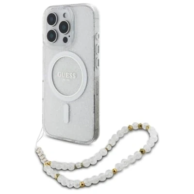 Afbeelding van Guess Hoesje Geschikt voor iPhone 16 Pro Met Koord MagSafe IML Case with beads strap transparant