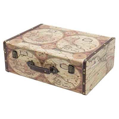 Afbeelding van HMF VKO104 Vintage houten koffer, 44 x 32 16 cm, groot, wereldkaart in kleur als decoratie