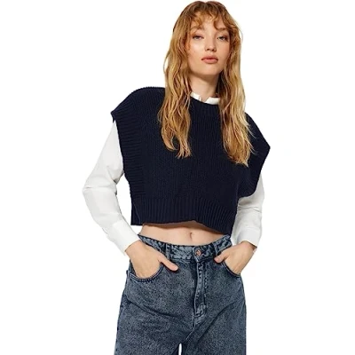 Afbeelding van Trendyol Marineblauwe Cropped Gebreide Trui Met Ronde Hals Twoaw24Sv00005