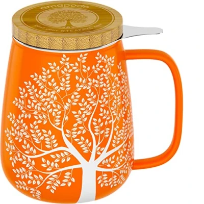 Afbeelding van amapodo Theekopje in set met zeef en deksel, grote porseleinen theekop 600 ml, XXL, plasticvrij, oranje