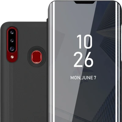 Afbeelding van Cadorabo Hoesje geschikt voor Samsung Galaxy A20s in TOERMALIJN ZWART Clear View Spiegel Beschermende Case met Tribunefunctie 360 Graden Bescherming Book Cover Etui