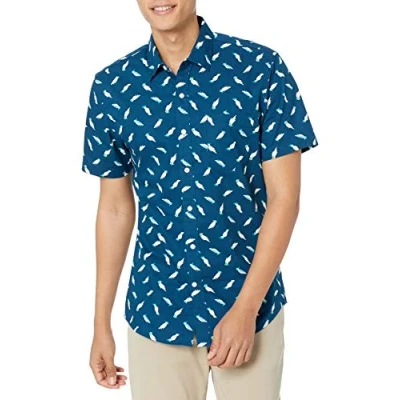Afbeelding van Amazon Essentials Men&#039;s Shirt met korte mouwen, print en slanke pasvorm, Klassiek blauw Vogels, XL