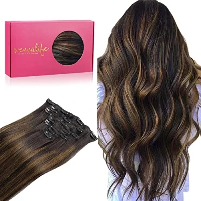 Afbeelding van Wennalife clip in extensies, echt haar, 55 cm, 120 g, 7 stuks, spoeling donkerbruin naar kastanjebruin, Remy haarverlenging, natuurlijk haar