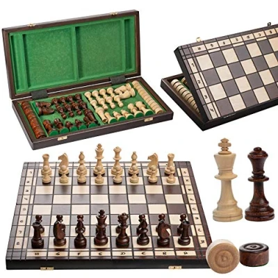 Afbeelding van Master of Chess Dambord en Schaakspel Toernooi 2 in 1 Houten Schaakbord 50 cm Groot Draagbaar Staunton NO.5 Opvouwbare Metalen Schaakset voor Kinderen Volwassenen