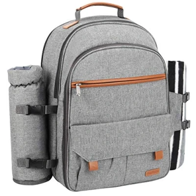 Afbeelding van Sunflora Picknickrugzakset voor 4 personen met geïsoleerde koeling en deken, picknickmand personen, camping, outdoor, grijs