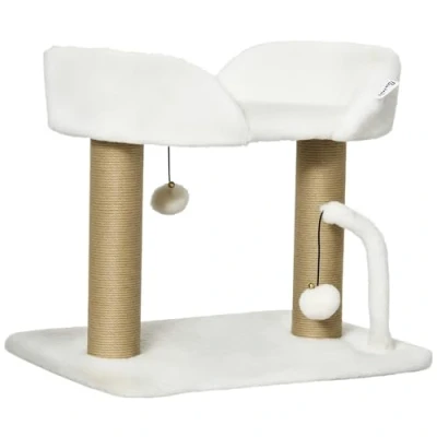 Afbeelding van PawHut Design krabpaal met set 2 hangende pompons, sisalpalen + pluche platform 48 x 38 42 cm sisal beige