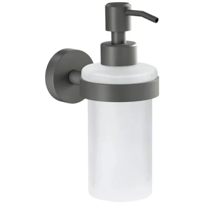 Afbeelding van tesa® MOON GREY Zeepdispenser, mat grijs, satijn glas, 200 ml Handzeepdispenser voor Industriële en Moderne Badkamers Zonder Boren, Zelfklevend 171 mm x 70 119