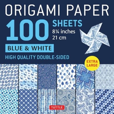 Afbeelding van Origami Paper 100 Sheets Blue &amp; White 8 1/4&quot; (21 cm): Extra Large Double Sided Printed with 12 Different Designs (Instructions for 5 Projects Included)