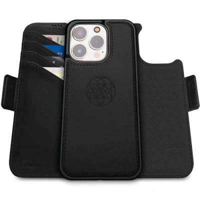 Afbeelding van Dreem Fibonacci compatibel met iPhone 16 Pro portemonnee case / 2 in 1 schokbestendig hoesje en afneembare veganistisch lederen folio, MagSafe, RFID bescherming [Zwart]