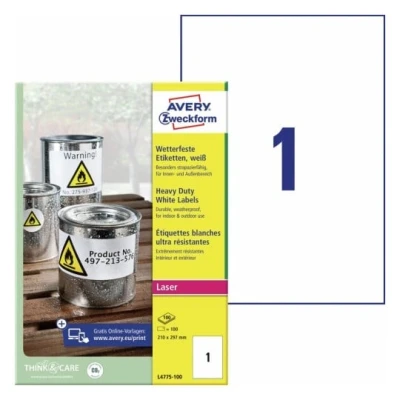 Afbeelding van Avery Zweckform L4775 100 folie etiketten 210 x 297 mm Polyester Wit stuk(s) Permanent hechtend Laser (kleur), (zwart/wit), Kopiëren