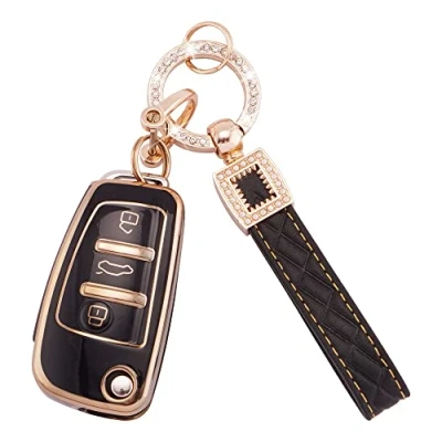 Afbeelding van Koaudb Autosleutelzakje Cover Fit voor Audi A1 A3 A4 A6 A8 Quattro Q3 Q7 S3 S6 RS3 RS6 R8 TT TTS 3 Knoppen Flip Key Case Soft TPU Sleutel Schelpen met Lederen Sleutelhanger Lanyard (BP Ad 3)