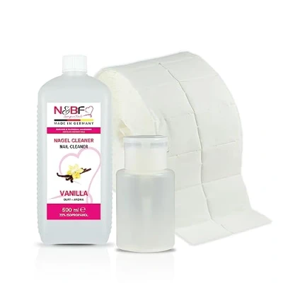 Afbeelding van NAILS FACTORY N&amp;BF nagelreiniger set met geur 500 ml + dispenser pompfles wit 150 1000 celstofpads (2 rollen à stuks) 70% isopropanol alcohol voor gelnagels (vanille)