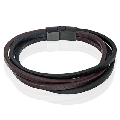 Afbeelding van Heren armband Leer Multi Mendes Edelstaal Zwart Bruin 19cm