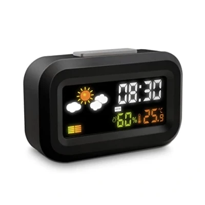 Afbeelding van Metronic 477340 Digitale reiswekker, werkt op batterijen, lcd kleurendisplay met achtergrondverlichting, 12/24 uurs klok, snooze, kalender, meteorieten, temperatuur, luchtvochtigheid