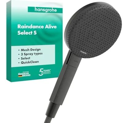 Afbeelding van hansgrohe Raindance Alive Select S Douchekop, handdouche met 3 straalsoorten (incl. PowderRain), ronde douchekop (125 mm), antikalkfunctie, geborsteld zwart chroom, 24500340