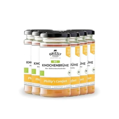 Afbeelding van Grizzly Foods Biologische kippenbottenbouillon (6 x 240 ml) 10 g collageen per glas 72 uur lang gekookt 100% natuurlijk zonder suiker, toevoegingen waardevolle voedingsstoffen