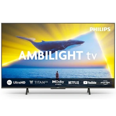 Afbeelding van Philips Ambilight 43PUS8109 4K LED Smart TV 43 inch scherm met Pixel Precise Ultra HD Titan OS platform en Dolby Atmos Sound, werkt Alexa Google Voice Assistant Satijn Chroom