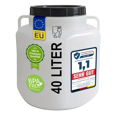 Afbeelding van plasteo® 40 liter brede hals met deksel en handgrepen, vierkant, natuurlijk, geschikt voor levensmiddelen BPA vrij, kunststof vat, universeel dekselvat, watervat, regenton, opslagvat