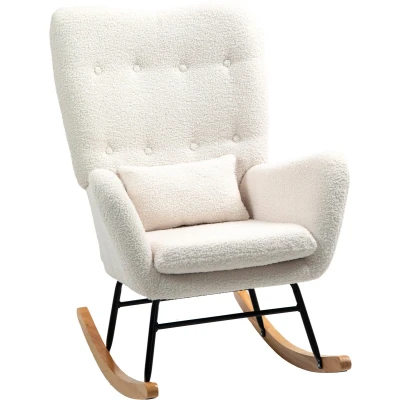Afbeelding van HOMCOM Schommelstoel Teddy Stoffen Look Lendenkussen Crème Wit