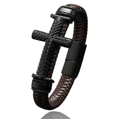 Afbeelding van Armband Heren Bruin Leer met Zwart Kruis Leren Armbanden Cadeau voor Man Mannen Cadeautjes