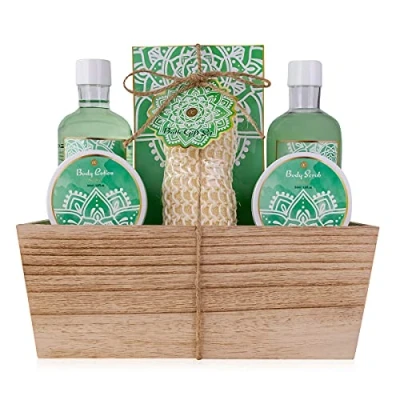 Afbeelding van Accentra doucheset dames giftset ALOË VERA in houten mand 6 delige verzorgingsset met douchegel, bubbelbad, badzout, bodylotion &amp; meer wellness voor verjaardagen, Valentijnsdag Kerst