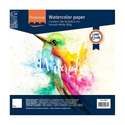 Afbeelding van Florence Vaessen Creative Aquarelpapier 12 x 12, ivoor, 300 g/m², kunstenaarskwaliteit, glad oppervlak, 100 vellen om te schilderen, handletters, kunstprojecten, wit, cm