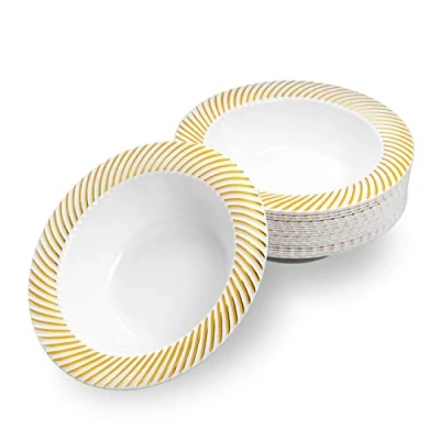 Afbeelding van MATANA 20 Premium Witte Kunststof Schalen met Gouden Rand, Plastic Kommen (360ml) Elegant, Stevig en Herbruikbaar Bruiloften, Verjaardagen, Kerst, BBQ, Feesten