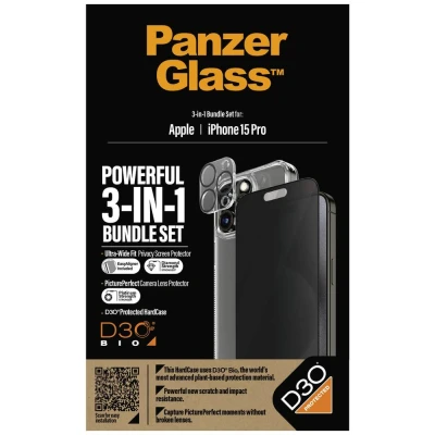 Afbeelding van PanzerGlass 3 in 1 Privacy Pack B1173+P2810 Screenprotector (folie) Apple iPhone 15 Pro stuk(s) Meekijkbescherming