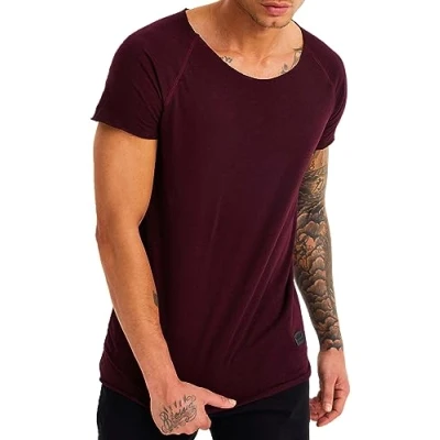 Afbeelding van Leif Nelson T shirt voor heren, zomer, diepe ronde hals, regular fit, 100% katoen, casual basic heren met korte mouwen, wijnrood, L