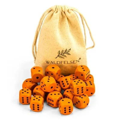 Afbeelding van Waldfelsen 6, 12, 20, 30 of 50 hoogwaardige houten kubussen van echt beukenhout, standaard 16 mm met stoffen zak, kubusset (oranje, 20 stuks)